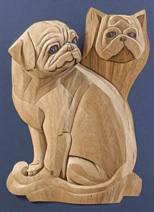 Image similar to wood carving of a pug squaring up to a large tabby cat