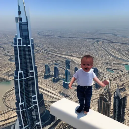 Prompt: hyper realistic baby standing at the top of burj khalifa and the background is the view of the sea photography