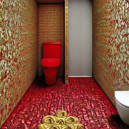 Image similar to a golden toilet with red flowers embossed into the material, the toilet is shiny, junji ito, varying locations, varying angles, color restoration