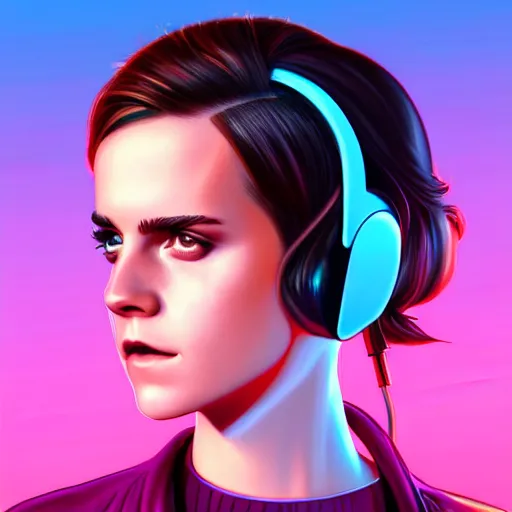 Image similar to synthwave emma watson wearing headphones, animated, trending on artstation, portrait