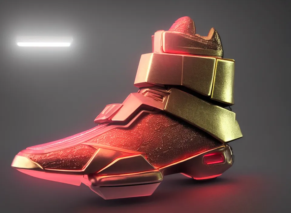 Image similar to realistic 3 d render of a cyberpunk android sneaker, beautiful studio lighting, soft, sharp focus, neon cyberpunk highlights, intricate detail, gold and red metal, soft rubber, textured plastic, octane render, side view, close up, trending on artstation, deviantart, nike, adidas