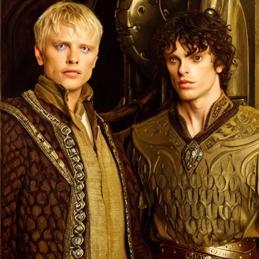 Image similar to arthur pendragon and merlin. focus on their faces. natural lighting. highly detailed painting by by gaston bussiere, donato giancola, j. c. leyendecker 8 k