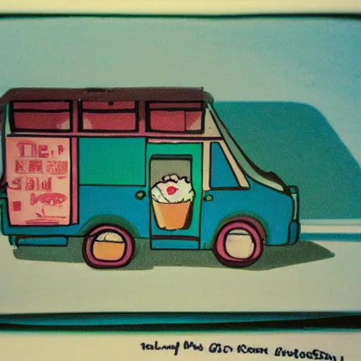 Image similar to an ice cream truck driving on the road at night with green headlights, Film Washi 'W', old photo