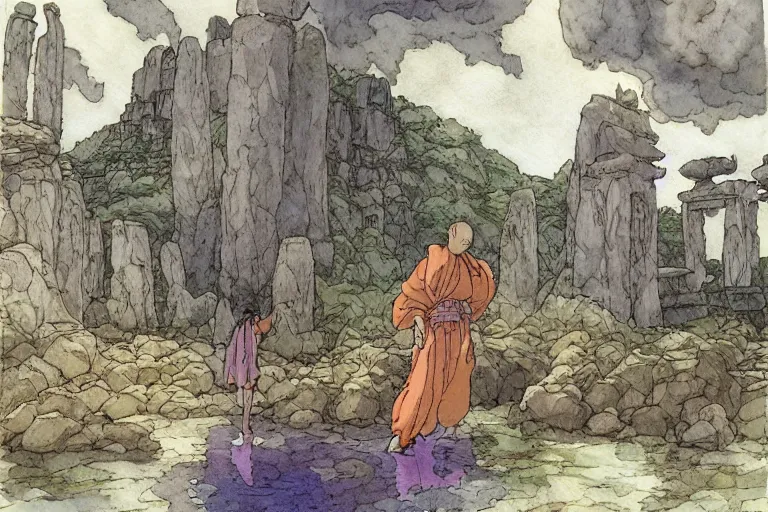 Image similar to a hyperrealist studio ghibli watercolor fantasy concept art. in the foreground is a giant monk in a grey robe lifting a stone. in the background is stonehenge. the scene is underwater on the sea floor. by rebecca guay, michael kaluta, charles vess