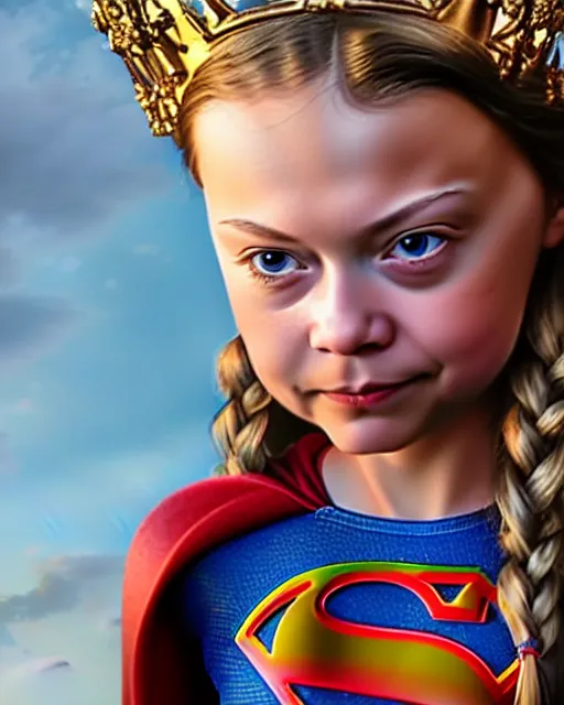 Prompt: highly detailed closeup, face profile portrait of greta thunberg as supergirl as a fairytale princess wearing a crown eating cakes in the castle, bikini, unreal engine, nicoletta ceccoli, mark ryden, earl norem, lostfish, global illumination, detailed and intricate environment