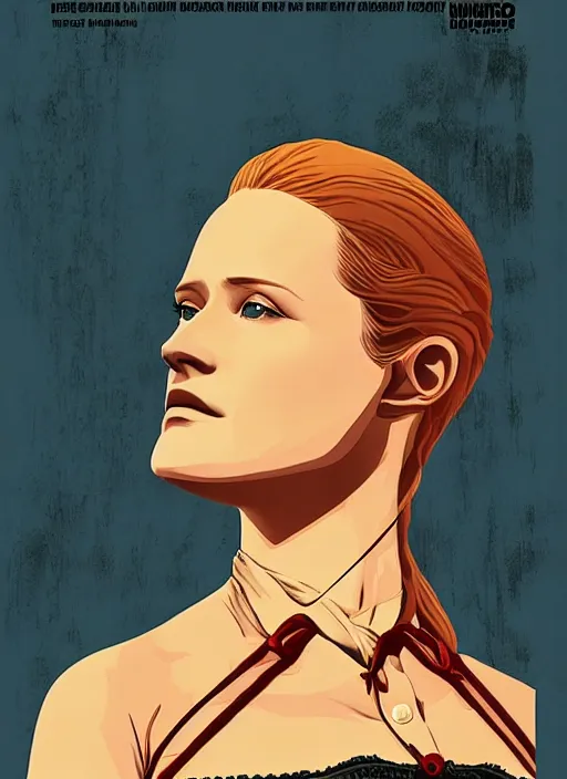 Image similar to a portrait Red Dead Redemption poster of Evan Rachel Wood as Dolores, in the show Westworld, poster artwork by Michael Whelan and Tomer Hanuka, clean