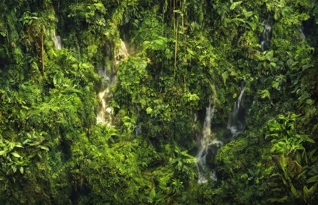 Image similar to a jungle in amazon, detailed dreamscape, hyperreal phantastic, drone shot, intricate details in environment, golden ratio, high aestehtic, waterfalls and lakes, cinematic light dramatic light, lightrays, in the style of terrence mallick cinematography, trending on artstation