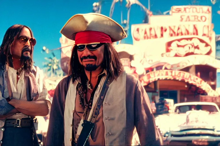 Prompt: captain sparrow and anton chigurh in fear and loathing in las vegas movie, everyone is on psychedelic drugs, cinematic still, movie still, long lens, shallow depth of field, bokeh, anamorphic lens flare, 8 k