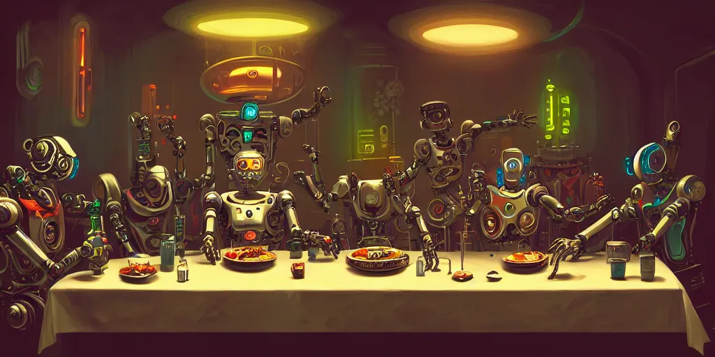 Image similar to clockpunk robot last supper, digital painting, trending on artstation, sharp focus, 4 k