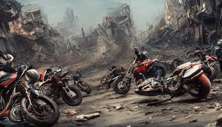 Prompt: Motorcycle race in the streets of a destroyed city, hyperdetailed, artstation, cgsociety, 8k