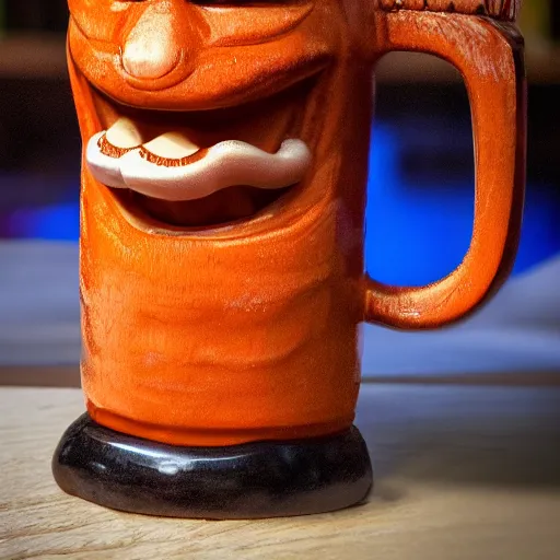 Image similar to a closeup photorealistic photograph of a glossy orange cat garfield style tiki mug sitting at a trader vic's bar featuring garfield's face. tiki party. bright scene. fine detail. this 4 k hd image is trending on artstation, featured on behance, well - rendered, extra crisp, features intricate detail, epic composition and the style of unreal engine.