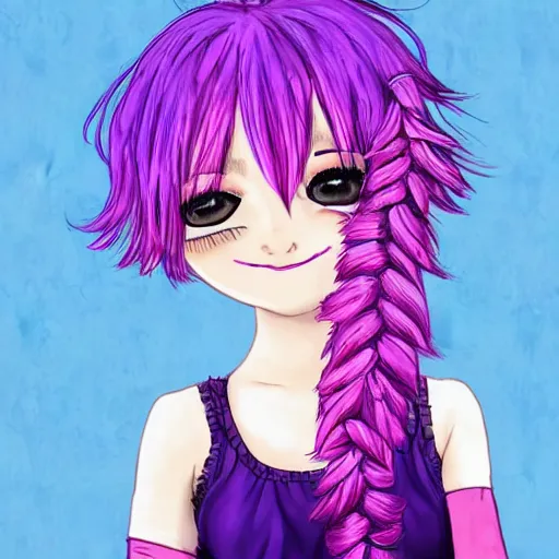 Image similar to girl with short wavy pink-purple hair with bangs, wears a black headband, has long eyelashes with dark eyes and smiling faintly, wears a long-sleeved blue blouse with frills, a long pink flare-skirt. looking sideways. Dark Digital art