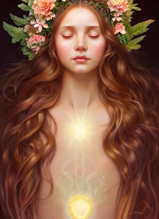 Image similar to perfectly feminine face!! full body portrait of young fairy earth goddess blessed by nature, floral sunlight crown, light brown hair, symmetrical! intricate, sensual features, dewy skin, reflective skin, highly detailed, digital painting, artstation, concept art, smooth, sharp focus, soft lighting, illustration, art by artgerm and greg rutkowski and alphonse mucha