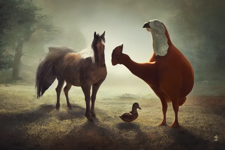 Image similar to a tiny horse standing next to an extremely large duck, the duck is bigger than the horse, evening light, cinematic photography, digital painting, volumetric light, concept art, trending on artstation, digital Art, fantasy art