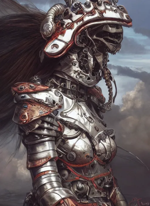 Prompt: symmetry!! closeup! of a pirate samurai girl, cyborg venom armor, in clouds, cinematic light, windy, sunrise, by gerald brom, by mikhail vrubel, by peter elson, muted colors, extreme detail, trending on artstation, 8 k