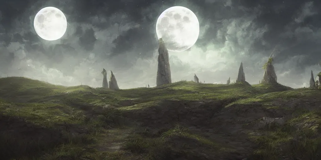 Image similar to The great marble wizards tower, painted landscape,green fields in the background, moody lighting, moon in the night sky, artstation, digital art