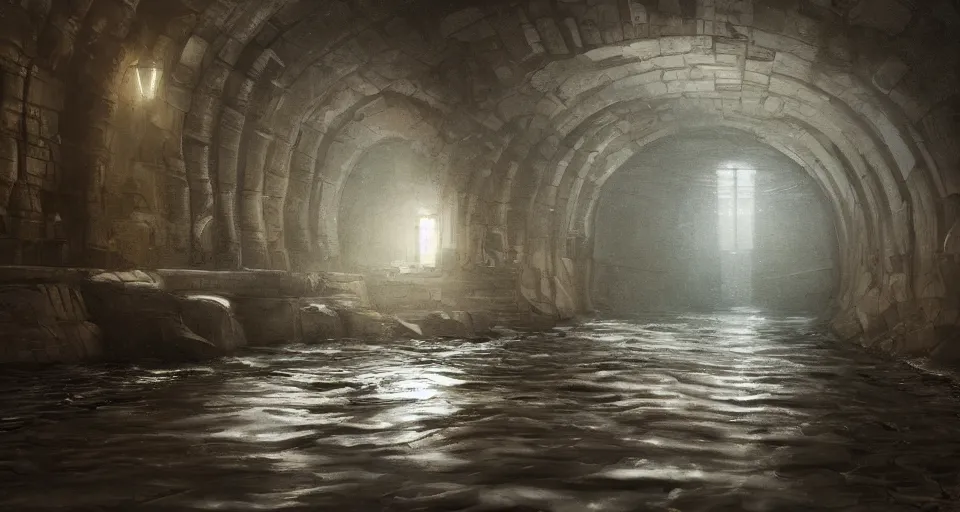 Image similar to a beautiful landscape painting, a single lane tunnel with overhead lights, water running down the walls and pooling, by sam guay, moody lighting, hyperrealism, 4 k, octane render