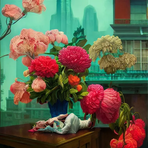 Prompt: hyper detailed illustration like a Oil painting - a vivid exotic flowers, long petals, huge blossoms, by James Jean, Masterpiece, Edward Hopper and James Gilleard, Ross Tran, Mark Ryden, Wolfgang Lettl, hints of Yayoi Kasuma, surreal