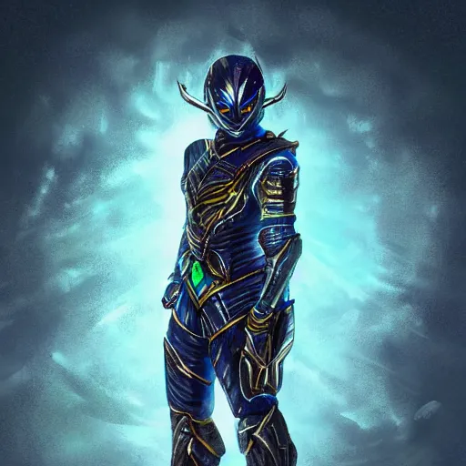 Image similar to High Fantasy Kamen Rider, glowing eyes, 4k, forest plains of north yorkshire, daytime, chainmail grey rubber undersuit, segmented dark blue armor with green secondary color, concept art, illustration