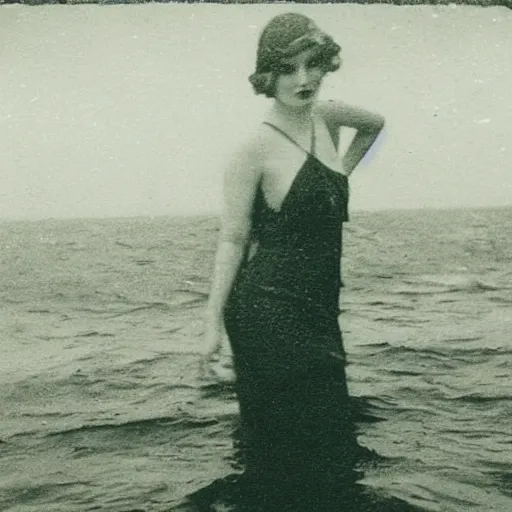 Image similar to low quality 1920s photo of a 🧜‍♀️ on deep sea, damaged