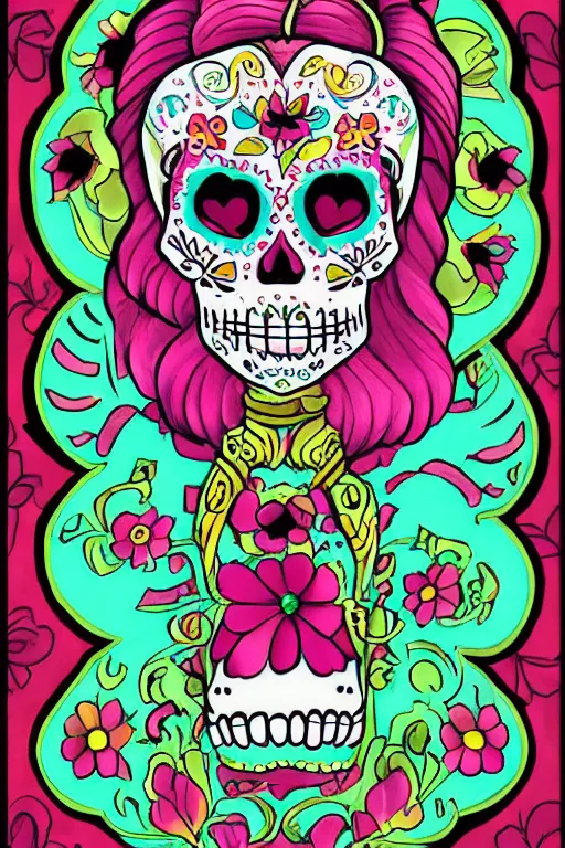 Prompt: illustration of a sugar skull day of the dead girl, art by larry carroll