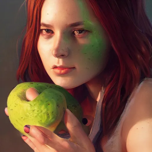 Image similar to ennie award winner lauren walsh lovingly cradling an avacado, fullbody, ultra high detailed, oil painting, greg rutkowski, charlie bowater, yuumei, yanjun cheng, lauren walsh, unreal 5, daz, hyperrealistic, octane render, rpg portrait, dynamic lighting, fantasy art, beautiful face