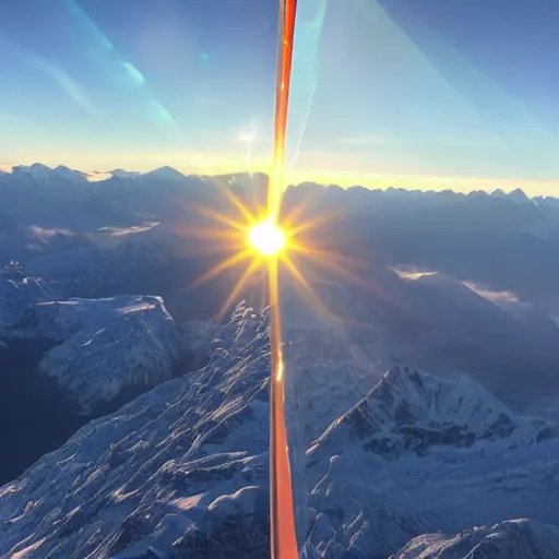 Image similar to a realistic sunrise in the swiss alps seen through a plane window