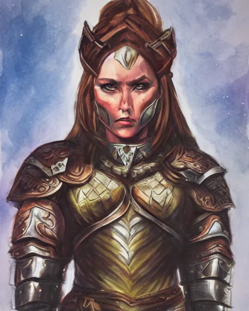 Image similar to a fierce and muscular warrior princess in full armor, fantasy character portrait, dark and atmoshperic gouache