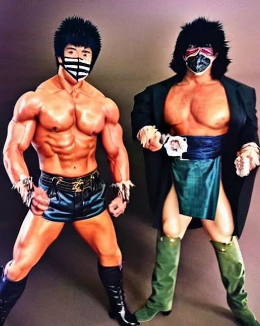 Image similar to Photograph of handsome muscular Japanese actor dressed as Kenshiro from fist of the North Star and as his brother Jaguar wearing his face mask, photorealistic, photographed in the style of Annie Leibovitz