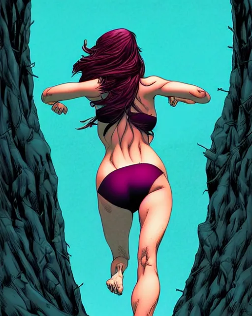 Prompt: comic horror cover art of a terrified bikini model running, viewed from behind, illustration by jenny frison and sana takeda, intricate details, stunning inking lines, stunning gradient colors, 4 k, hd, artstation, award winning