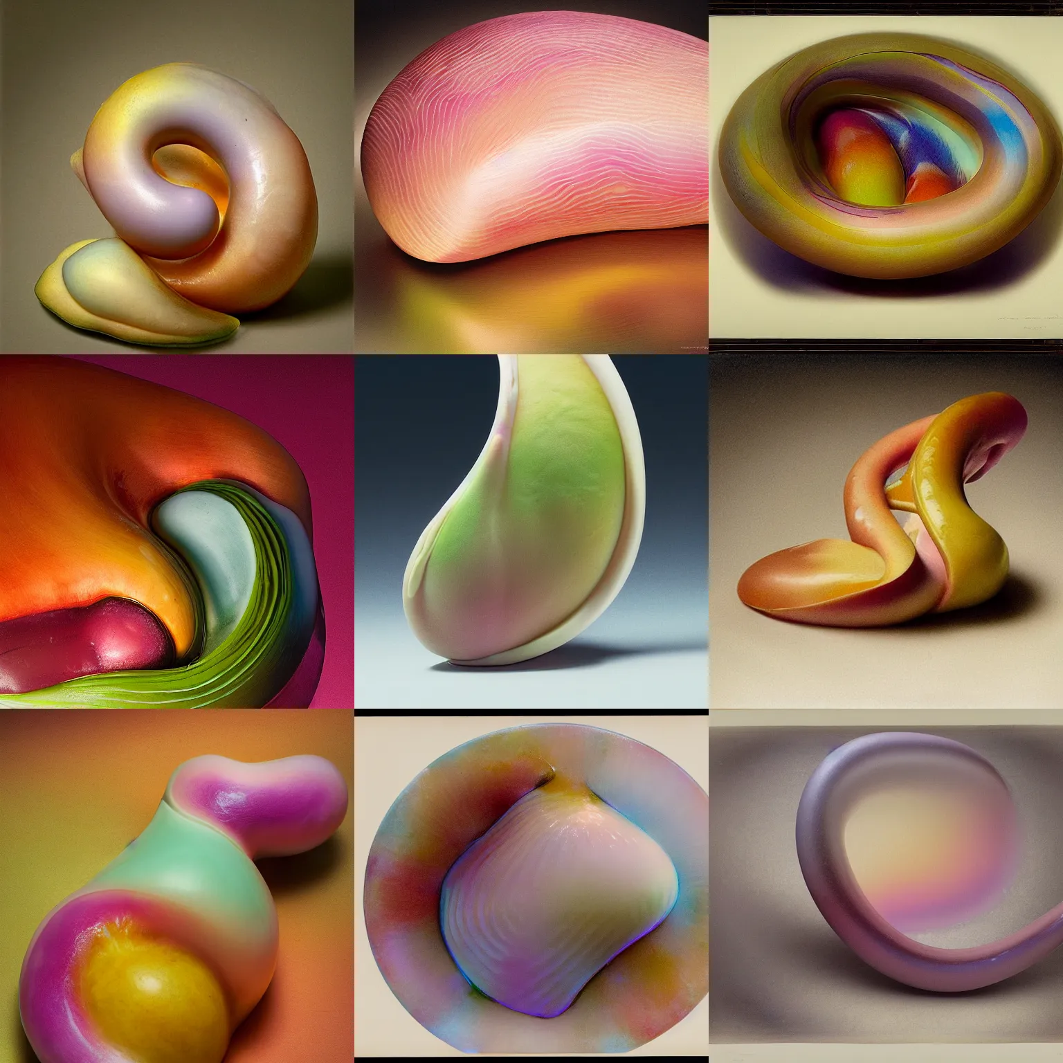 Image similar to one round biomorphic form with gradient pastel colors, by thomas moran, professional food photography