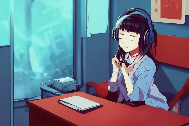 Image similar to lo - fi anime girl, wearing a blue cardigan and red aesthetic lo - fi headphones, studying in a brightly lit room, a lamp hovers above as it illuminates the room, illustrated by juan pablo machado, nighttime!!!!!!, cgsociety contest winner, artstation, golden ratio, dim lighting, studio ghibli!!!, 4 k