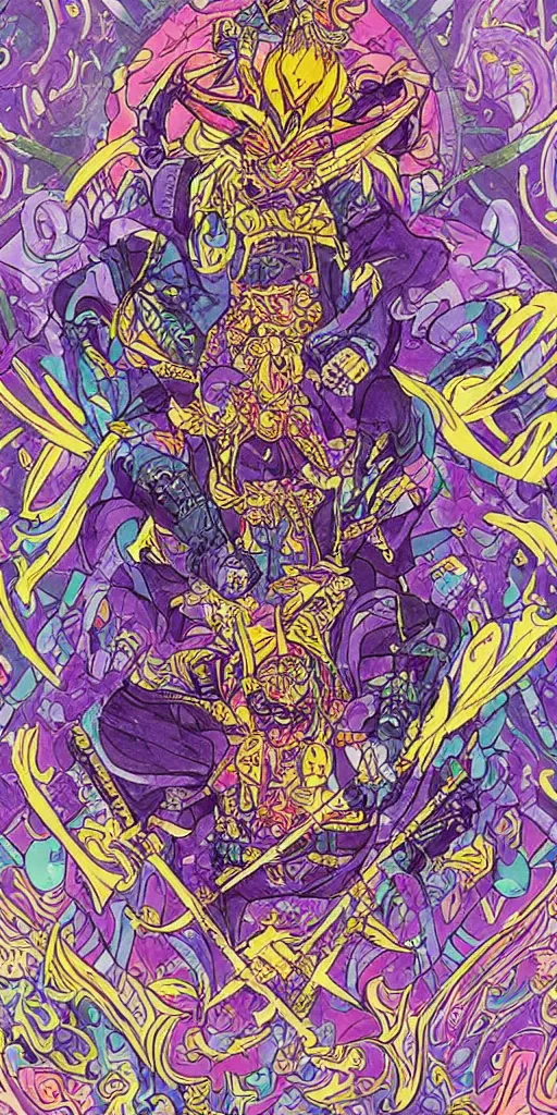 Image similar to a ninja from final fantasy 14, intricate, amazing line work, cosmic, psychedelic, cheerful, colorful, tarot cards, the devil tarot card