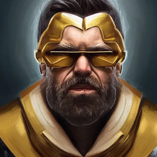 Image similar to a painted portrait of a middle-aged man in a golden suit, D&D, sci-fi, elegant, hopeful, muscular, highly detailed, digital painting, artstation, concept art, smooth, sharp focus, illustration