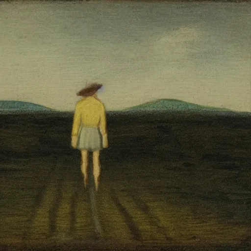 Image similar to a landscape with a person walking across a field, in the style of Midjourney