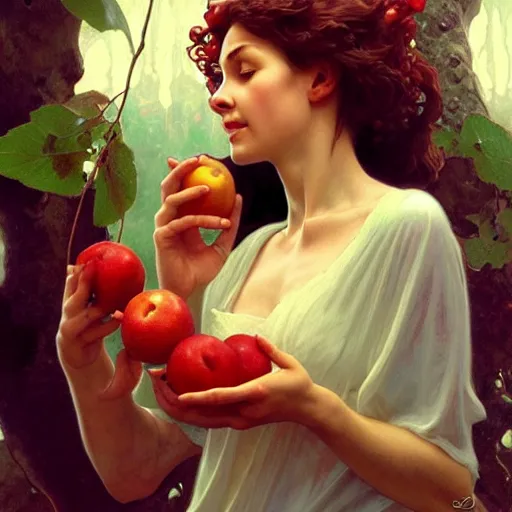 Image similar to eve eating fruit from the tree of knowedge of good and evil in the gardnen of eden, highly detailed, digital painting, artstation, concept art, smooth, sharp focus, illustration, artstation, art by artgerm, greg rutkowski, alphonse mucha, ilya repin and charlie bowater