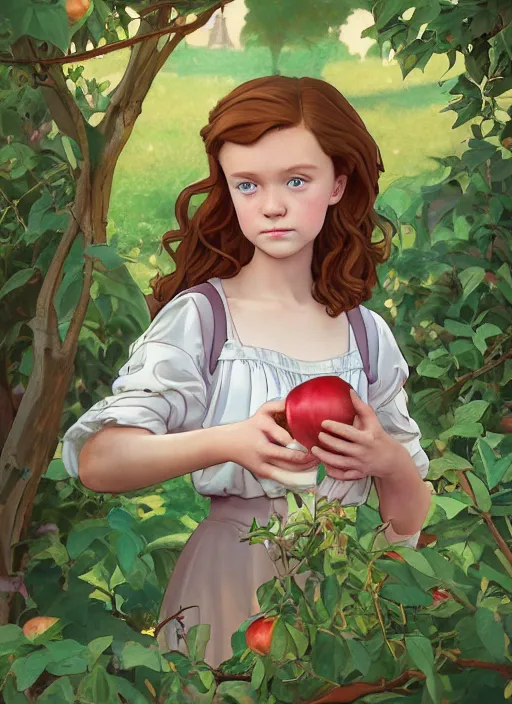 Image similar to well - lit art nouveau portrait of a 1 3 - year old girl who resembles millie bobby brown and sadie sink looking worried under an apple tree, natural lighting, path traced, highly detailed, high quality, cartoon, digital painting, by don bluth and ross tran and studio ghibli