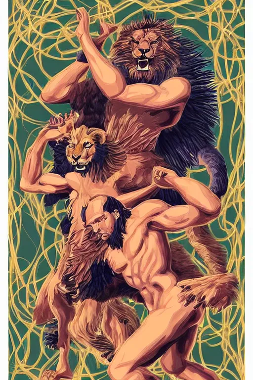 Image similar to hyperreality illustrator from karah mew in collaboration with jennifer mccord and tetsuya nomura, depicting hercules against the cremean lion, this image is very detailed and also very aesthetic, winning an award as the best pop art illustration of this century.