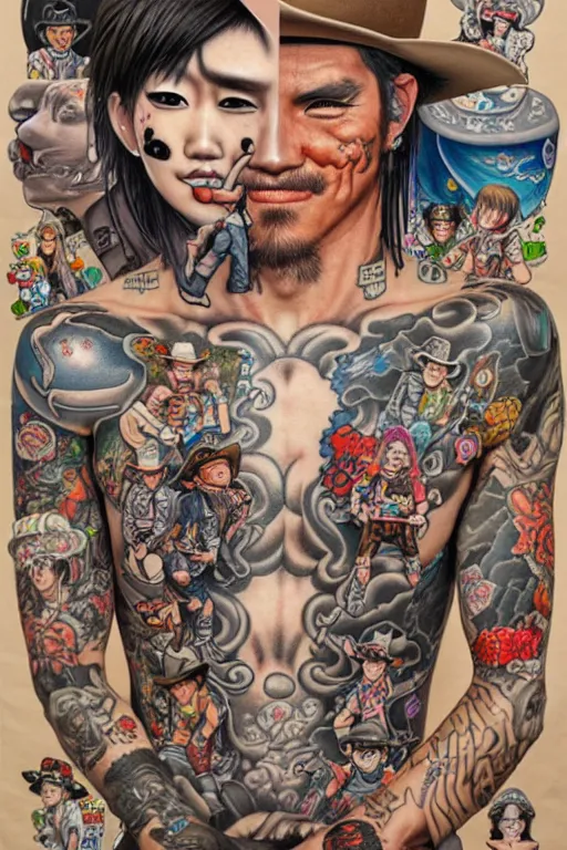 Image similar to full view, from a distance, of cowboys with tattoos, style of yoshii chie and hikari shimoda, highly detailed