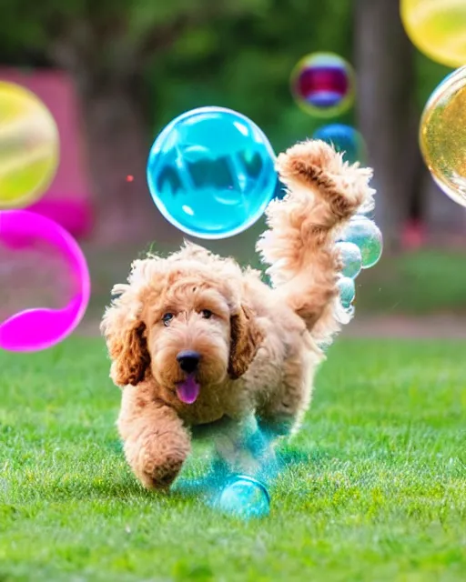 Image similar to stock photos of a golden doodle puppy chasing after a toddler who is blowing giant soap bubbles