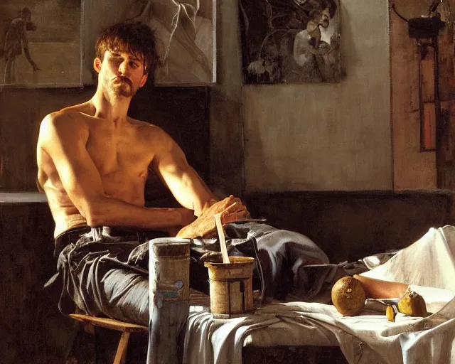 Prompt: an exhausted painter in his studio painting a picture of a beautiful model - key lighting, soft lights, by steve hanks, by edgar maxence, by caravaggio, by michael whelan, by delacroix, by serov valentin, by tarkovsky, 8 k render, detailed, oil on canvas