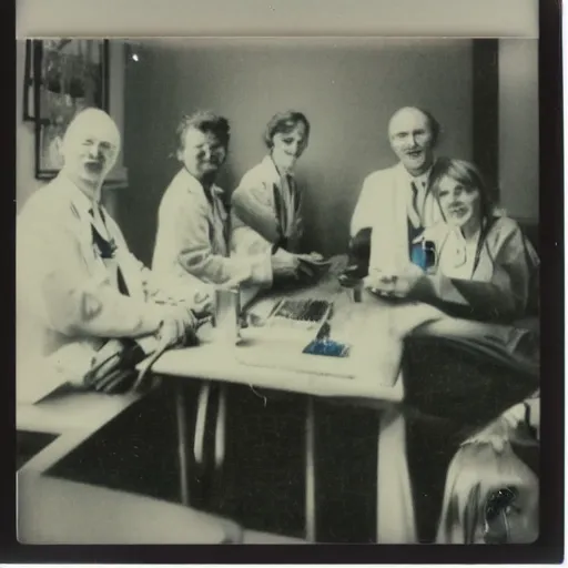 Prompt: polaroid of an alien on a table surrounded by doctors