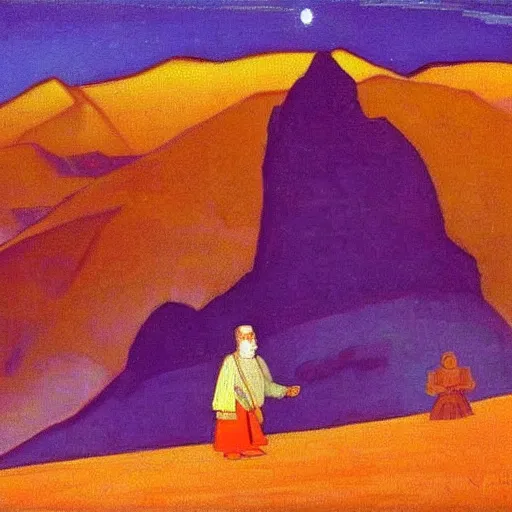 Image similar to Nicholas Roerich oil painting called Dwarf Almighty 1925 bright colors fear and reverence