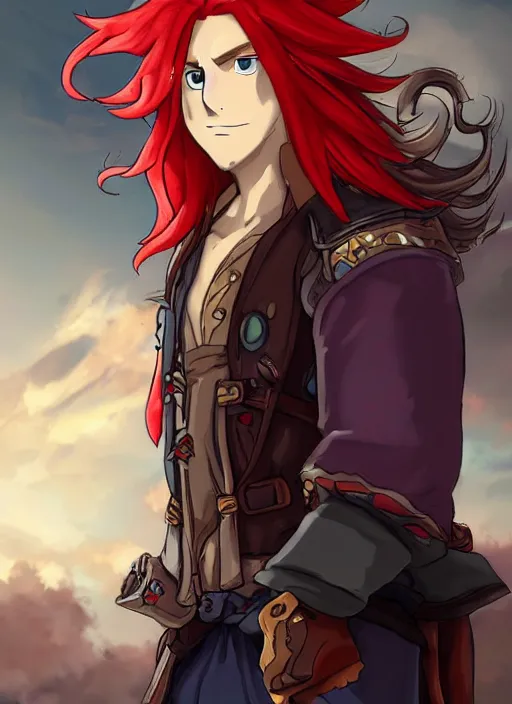 Image similar to An fantasy pokemon anime style portrait of a long haired, red headed male sky-pirate in front of an airship