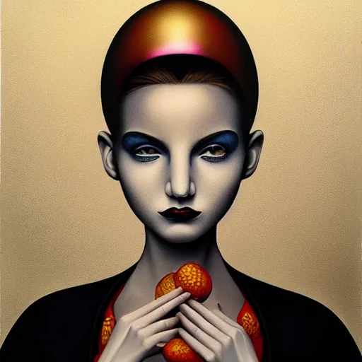 Prompt: pop surrealism, airbrush art, minimalist, an ultrafine detailed painting by rafal olbinski, a painting of a woman, skeuomorphic, very detailed, detailed painting, behance contest winner