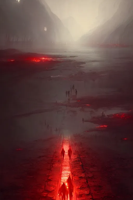 Image similar to bloody river in hell, by greg rutkowski, people walking into the horizon, trending on artstation