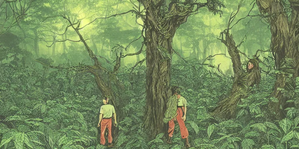 Image similar to beautiful tense illustration of an apocalyptic scene, a man sneaking through a lush green forest, stephen king atmosphere, 1 9 8 0 s japanese illustrator art, award winning