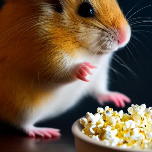 Prompt: photo of a hamster, full cheeks, eating popcorn from a bucket of popcorn, various poses, unedited, soft light, sharp focus, 8 k