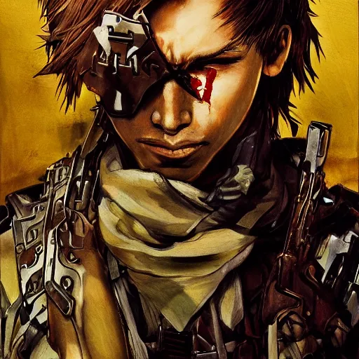 Image similar to portrait of a young white hero using his right arm to hold his sword covering his eye by yoji shinkawa, high quality, extra details, realism, ornate, colored, golden chain, blood, white skin, short hair, brown eyes, vivid, sunlight, american man, freedom, white american soldier, painting, cybernetics, military