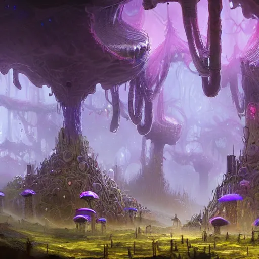 Image similar to concept art detailed painting of a dark purple fantasy fairytale fungal town made of mushrooms, with glowing blue lights, in the style of jordan grimmer and neil blevins and wayne barlowe